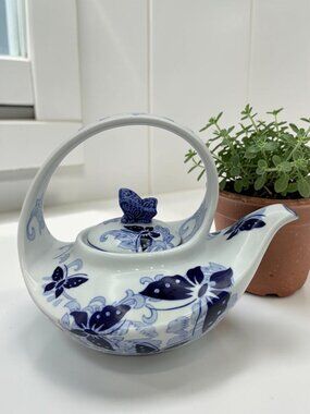 Pier 1 Imports Hand Painted Porcelain Teapot Blue White Floral Butterfly W\Lid